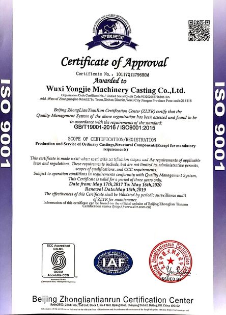 Cina Wuxi Yongjie Machinery Casting Co., Ltd. Sertifikasi