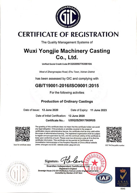 Cina Wuxi Yongjie Machinery Casting Co., Ltd. Sertifikasi